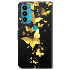 δερματινη θηκη Motorola Moto E20 / E30 / E40 Χρυσές Πεταλούδες Εικονογράφηση