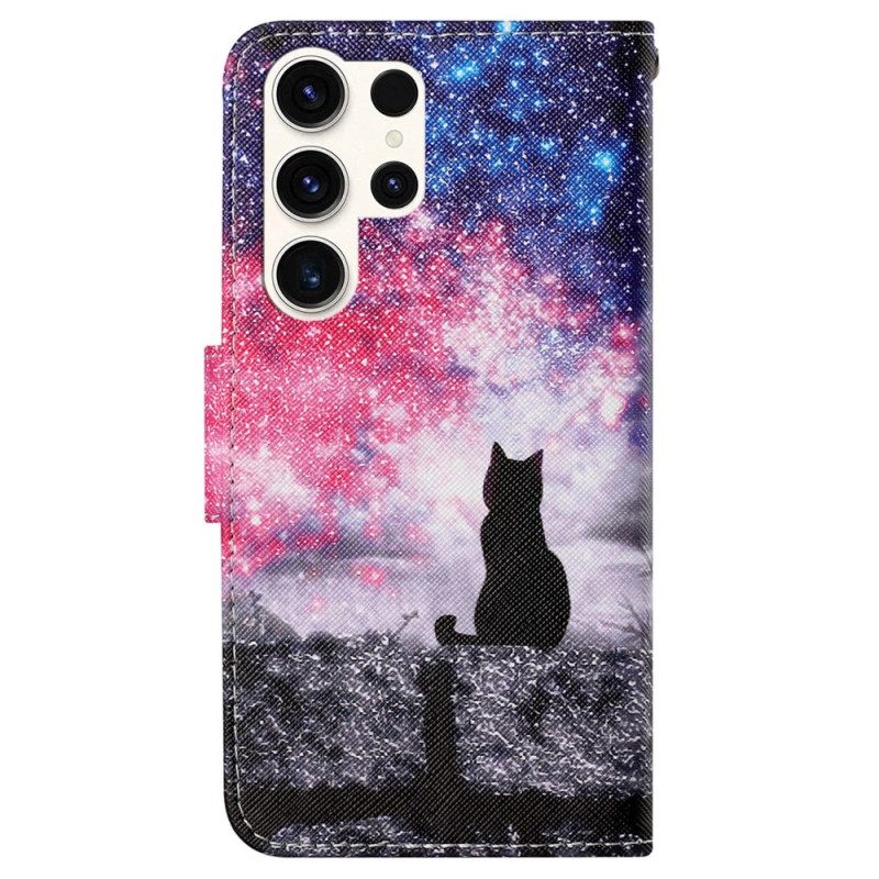 Δερματινη Θηκη Samsung Galaxy S24 Ultra 5g Starry Sky And Lanyard Cat