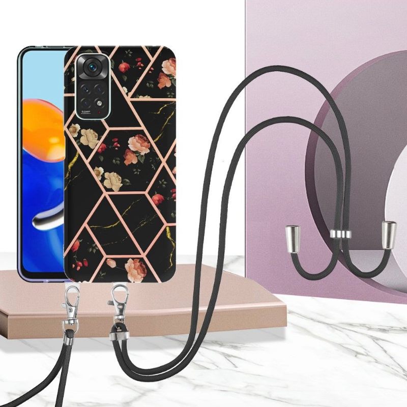 Θήκη Xiaomi Redmi Note 11 / Note 11S με κορδονι Μάρμαρο Και Λουλούδια