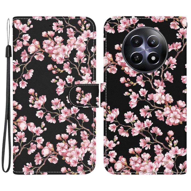 Δερματινη Θηκη Realme 12 / 12x 5g Plum Blossoms Με Λουράκι Σιλικόνης