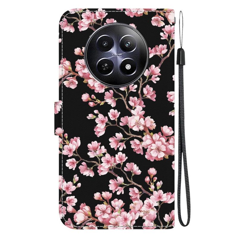 Δερματινη Θηκη Realme 12 / 12x 5g Plum Blossoms Με Λουράκι Σιλικόνης