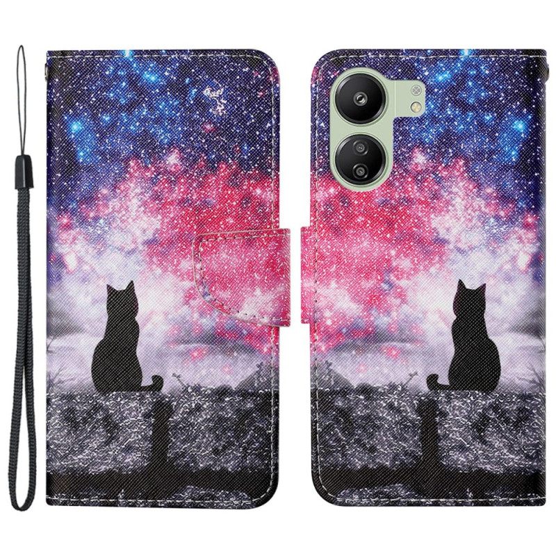 Δερματινη Θηκη Poco C65 Starry Sky With Lanyard Cat