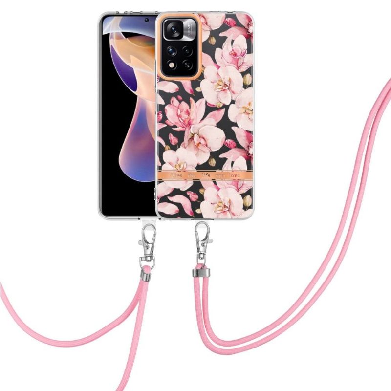 θηκη κινητου Xiaomi Redmi Note 11 Pro Plus 5G με κορδονι Gardenia Pink Flower