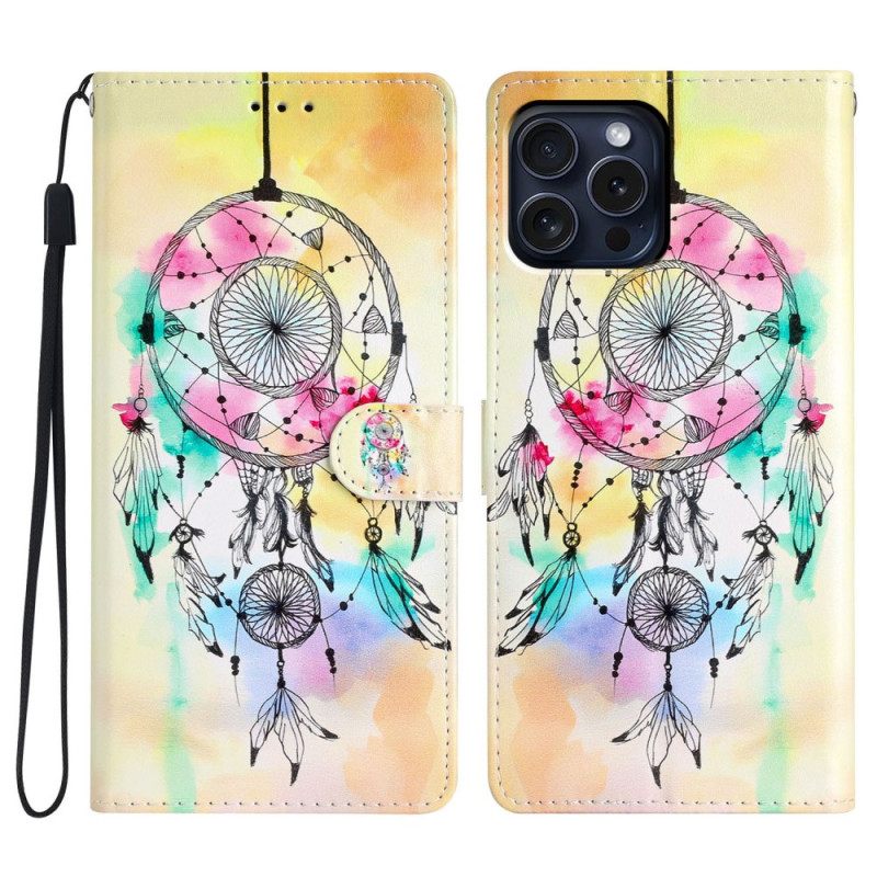 Δερματινη Θηκη iPhone 16 Pro Max Ακουαρέλα Dream Catcher Με Λουράκι Σιλικόνης