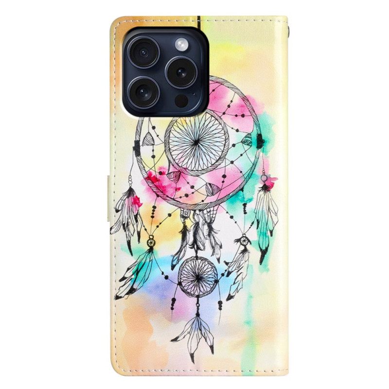 Δερματινη Θηκη iPhone 16 Pro Max Ακουαρέλα Dream Catcher Με Λουράκι Σιλικόνης