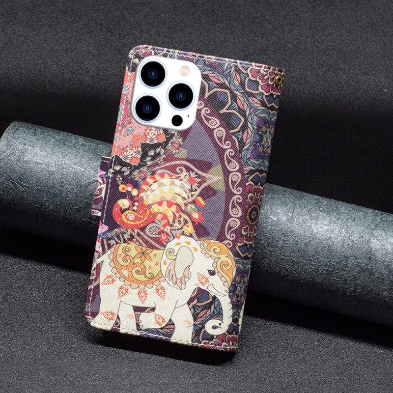 Δερματινη Θηκη iPhone 16 Pro Max Tribal Elephant Wallet With Strap Σιλικόνης