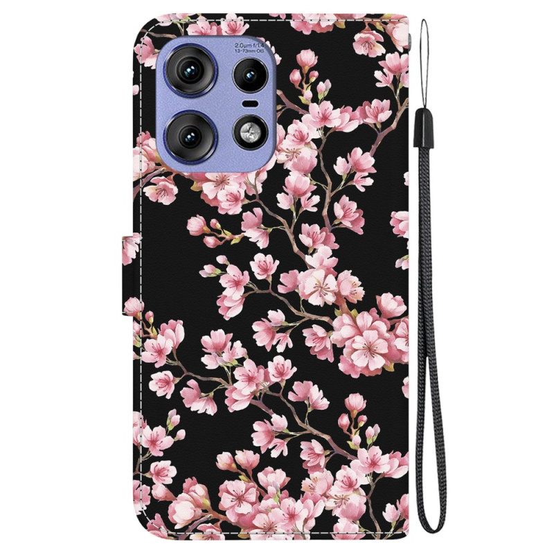 Δερματινη Θηκη Motorola Edge 50 Pro Plum Blossoms Με Λουράκι