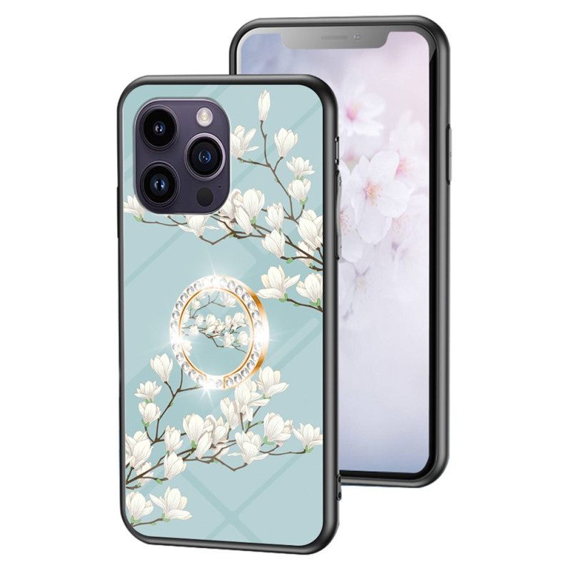 θηκη κινητου iPhone 15 Pro Max Floral Tempered Glass Με Δαχτυλίδι Στήριξης