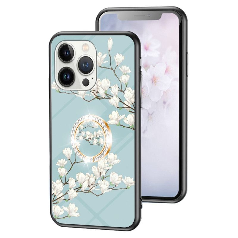 θηκη κινητου iPhone 15 Pro Floral Tempered Glass Με Δαχτυλίδι Στήριξης