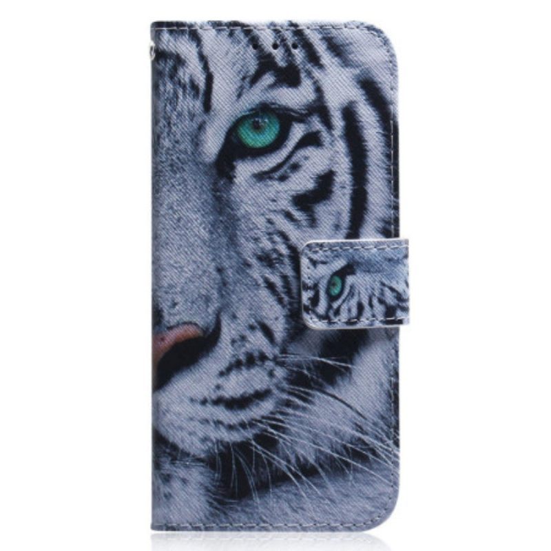 Θήκη Flip Oppo Reno 8 με κορδονι Strappy White Tiger