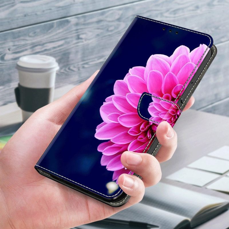 Δερματινη Θηκη Samsung Galaxy A55 5g Ροζ Λουλούδι Σε Μπλε Φόντο