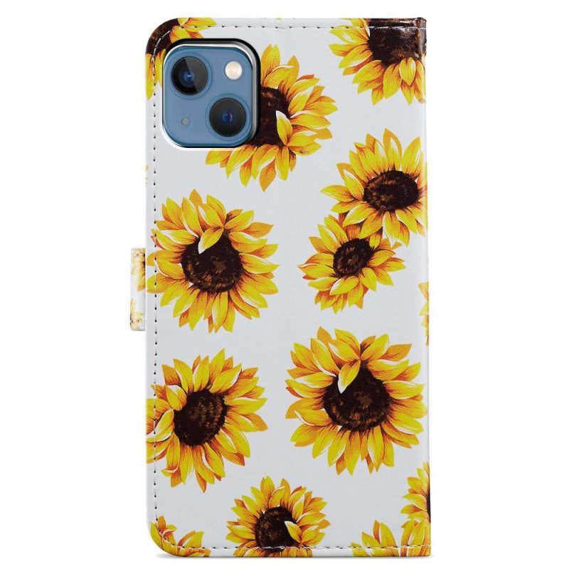 δερματινη θηκη iPhone 15 με κορδονι Strap Sunflowers