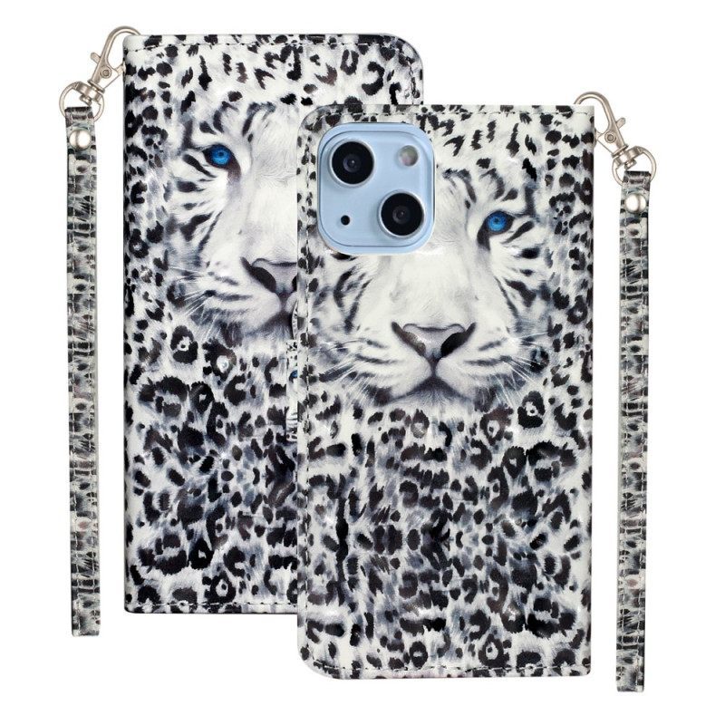 δερματινη θηκη iPhone 15 Plus με κορδονι 3d Leopard Με Λουράκι