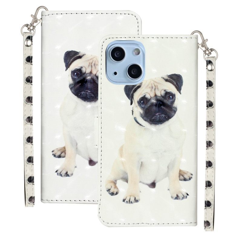 δερματινη θηκη iPhone 15 Plus με κορδονι 3d Pug Με Λουράκι