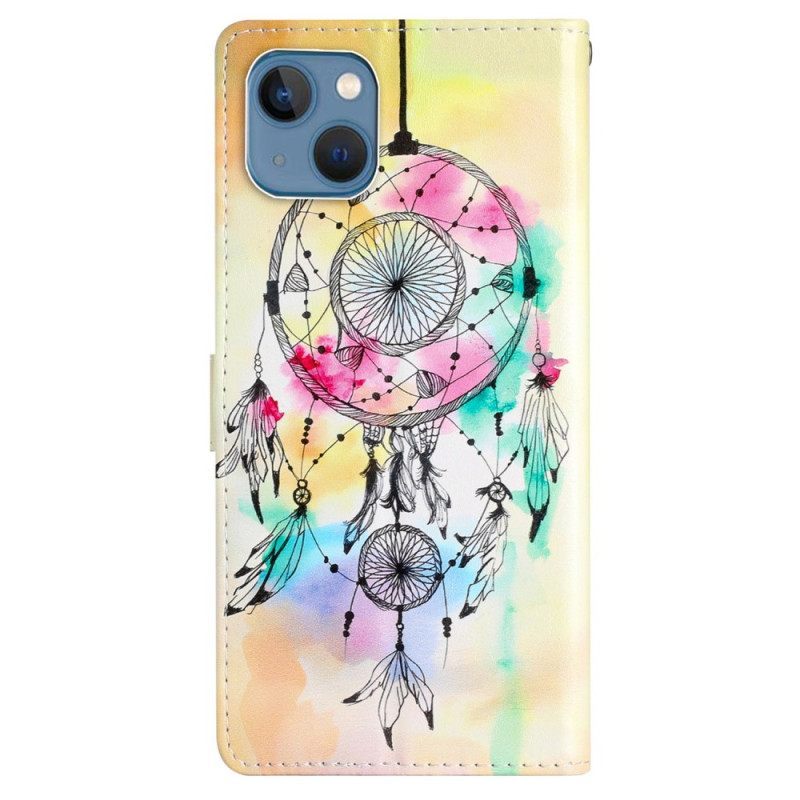 δερματινη θηκη iPhone 15 Plus με κορδονι Ακουαρέλα Dream Catcher Με Λουράκι