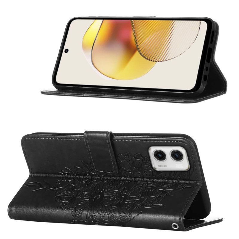 δερματινη θηκη Moto G73 5G με κορδονι Strappy Floral Πεταλούδα