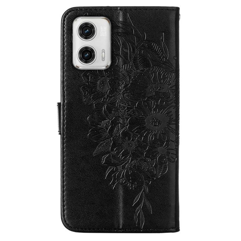 δερματινη θηκη Moto G73 5G με κορδονι Strappy Floral Πεταλούδα