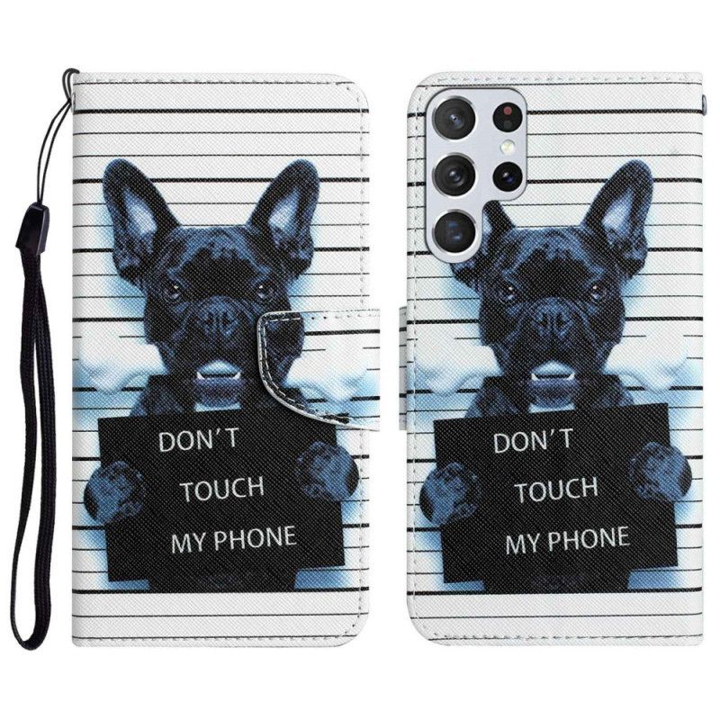 δερματινη θηκη Samsung Galaxy S23 Ultra 5G με κορδονι Dog Don't Touch My Phone With Lanyard