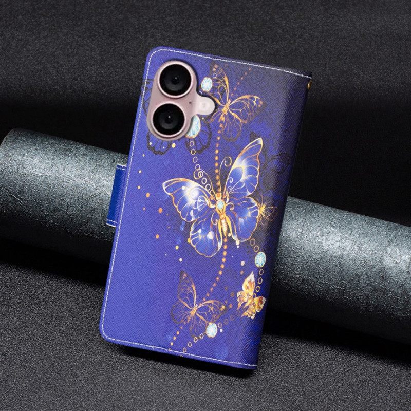 Δερματινη Θηκη iPhone 16 Plus Πορτοφόλι Purple Butterflies Με Λουράκι