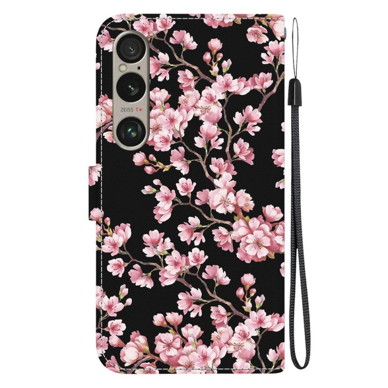 Δερματινη Θηκη Sony Xperia 1 Vi Plum Blossoms Με Λουράκι