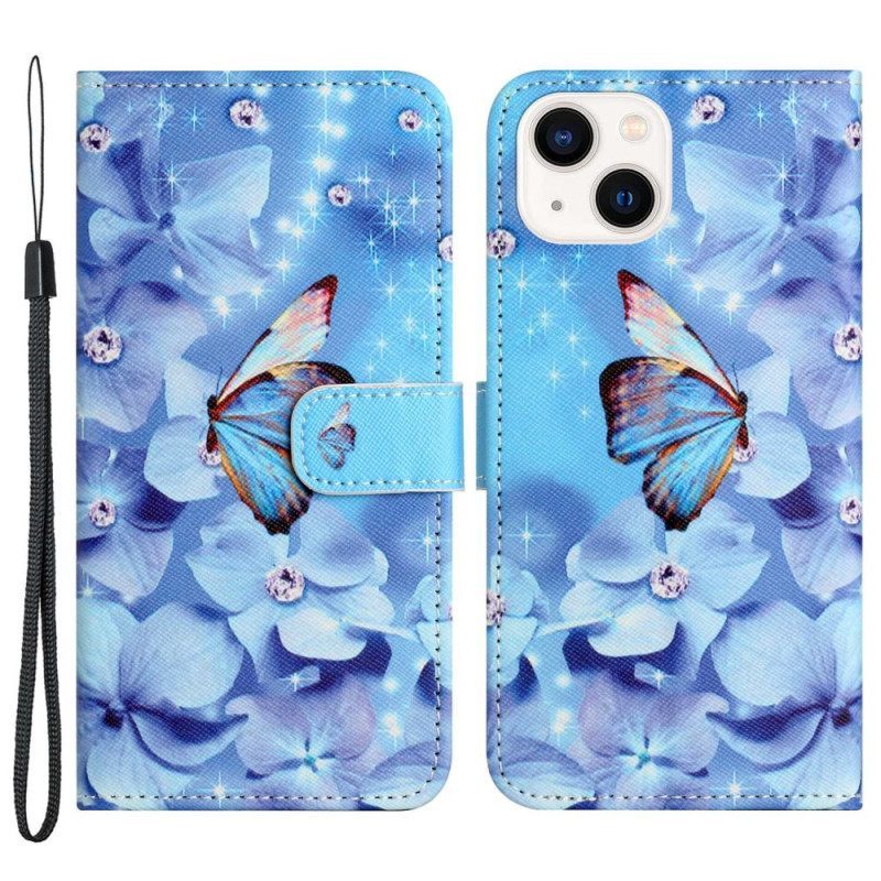 Κάλυμμα iPhone 14 Plus με κορδονι Strappy Diamond Butterflies