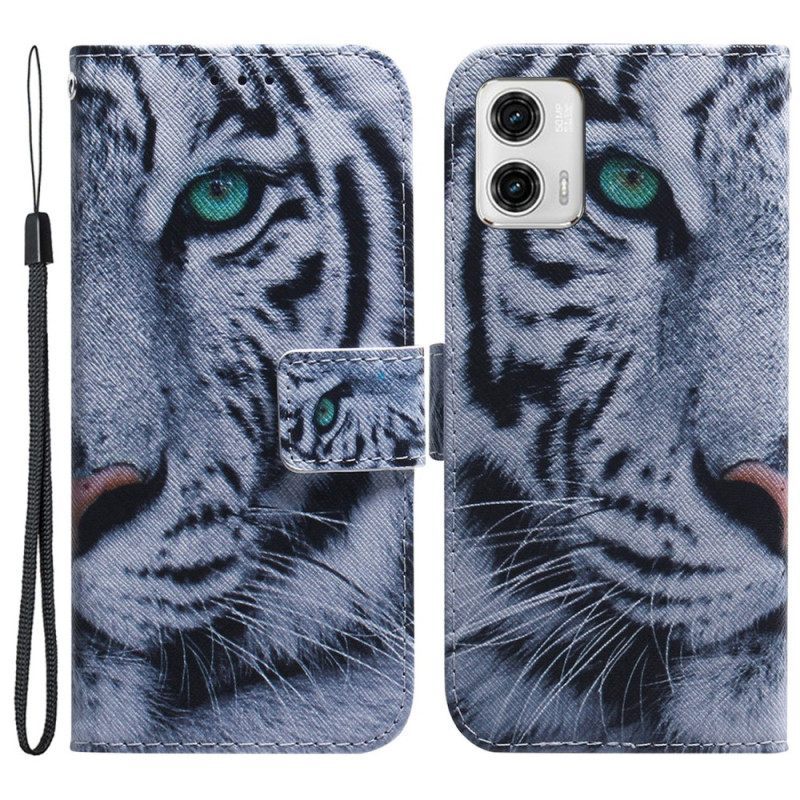 Κάλυμμα Moto G73 5G με κορδονι Strappy White Tiger