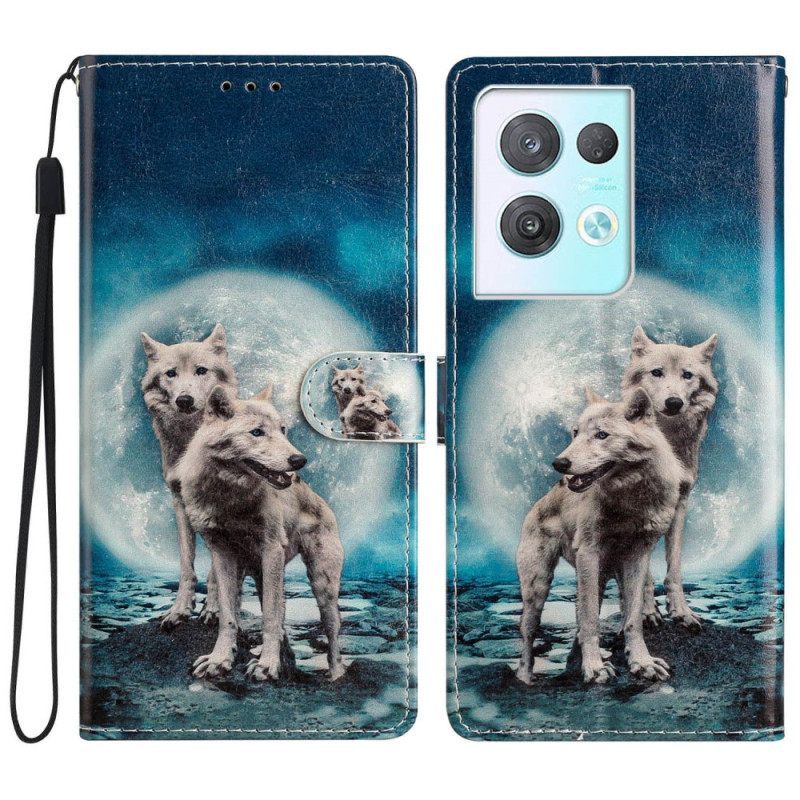 Θήκη Flip Oppo Reno 8 Pro με κορδονι Lanyard Wolf