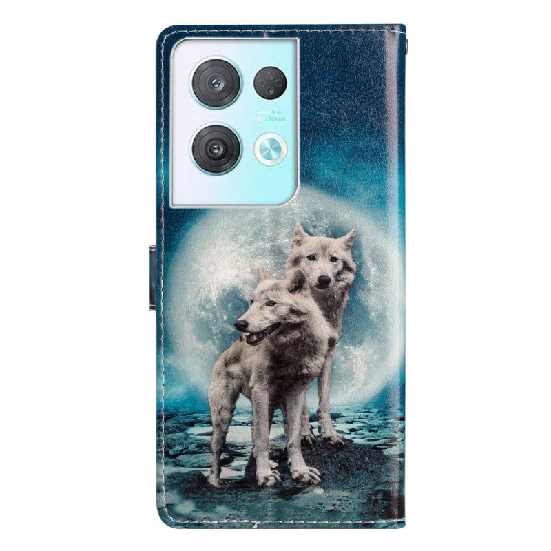 Θήκη Flip Oppo Reno 8 Pro με κορδονι Lanyard Wolf