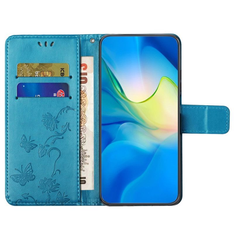 Θήκη Flip Xiaomi Redmi Note 12 4G με κορδονι Λουλούδια Και Πεταλούδες Με Λουράκι