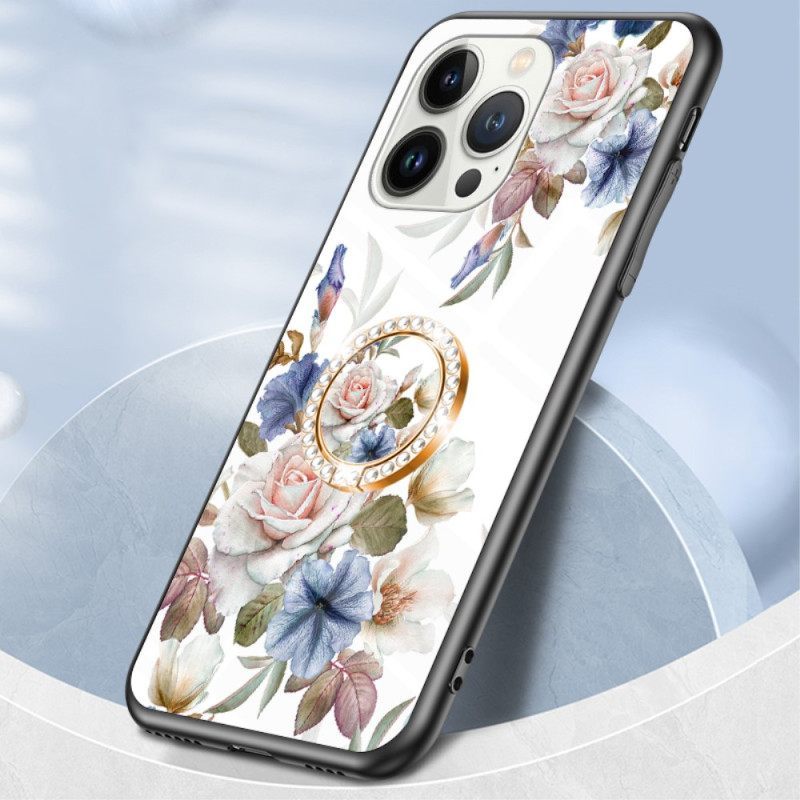 θηκη κινητου iPhone 15 Pro Floral Tempered Glass Με Δαχτυλίδι Στήριξης