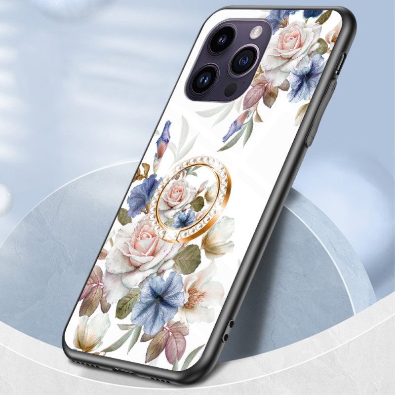 θηκη κινητου iPhone 15 Pro Max Floral Tempered Glass Με Δαχτυλίδι Στήριξης